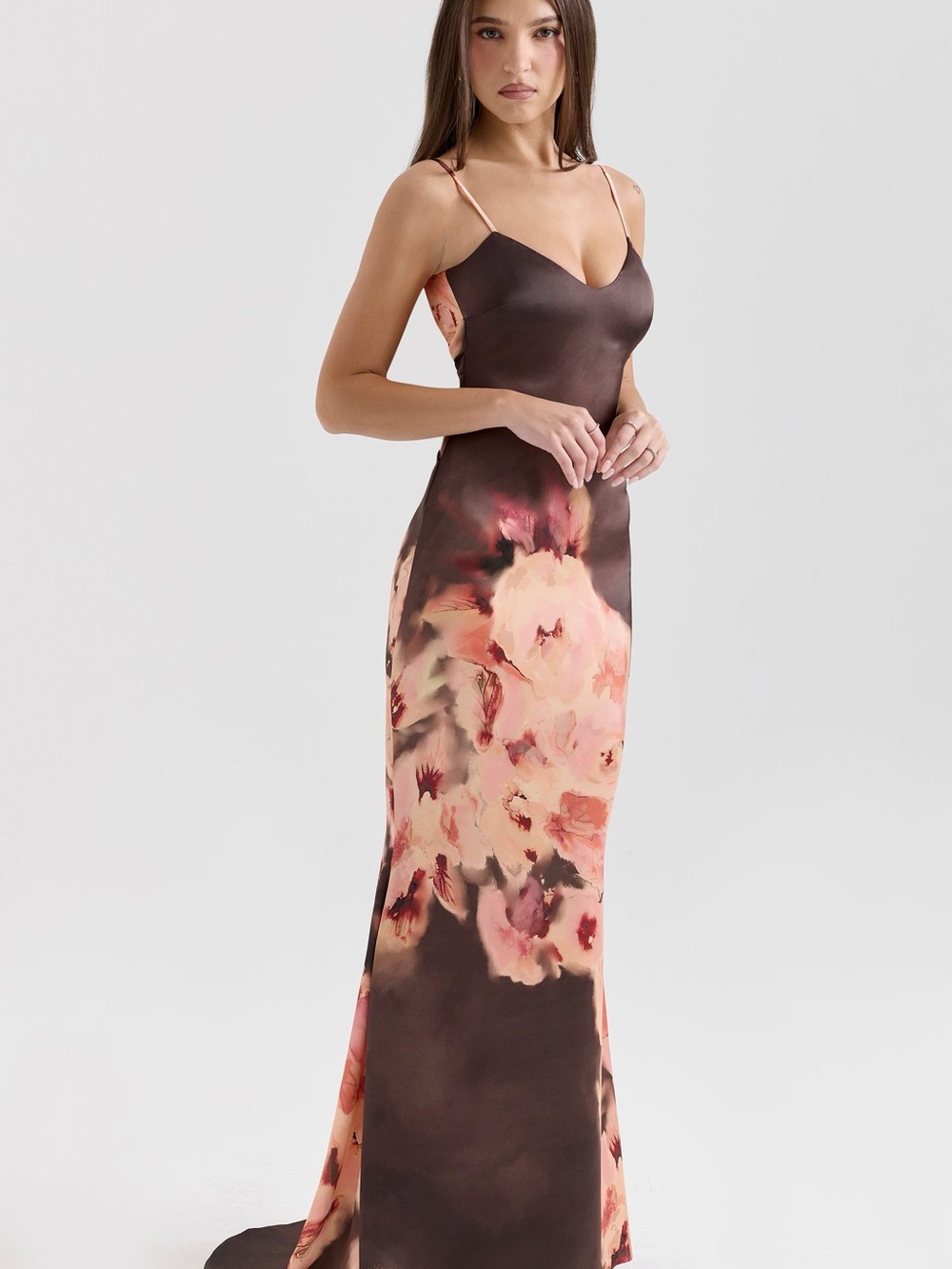 House of CB Brown Maxi Slip Dress with Blush Floral Print - Picture 2 of 8